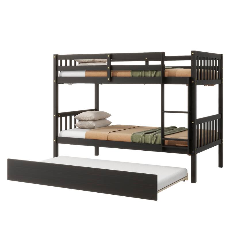 Convertible Twin Over Twin Bunk Bed with Trundle, Safety Guardrails, and Ladder, Espresso Finish
