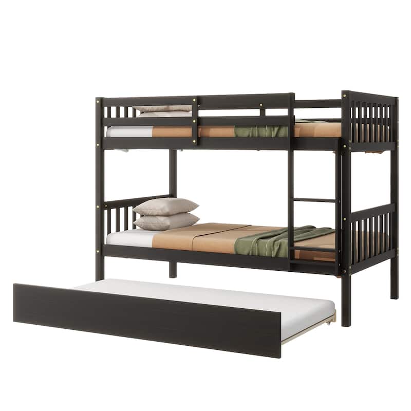 Twin Over Twin Rubberwood Bunk Bed with Pull-Out Trundle, Convertible into Two Separate Beds, Ladder and Safety Guardrails
