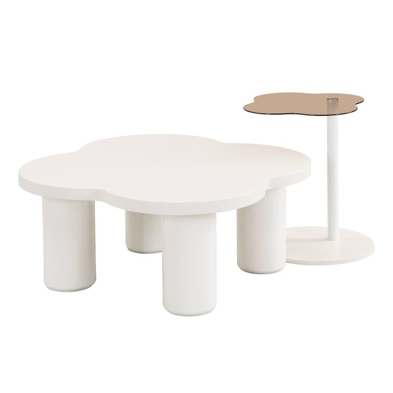 Roomfitters Modern Coffee Table Set of 2 with Irregular Shape and Glass End Table, Roman Column Legs, White