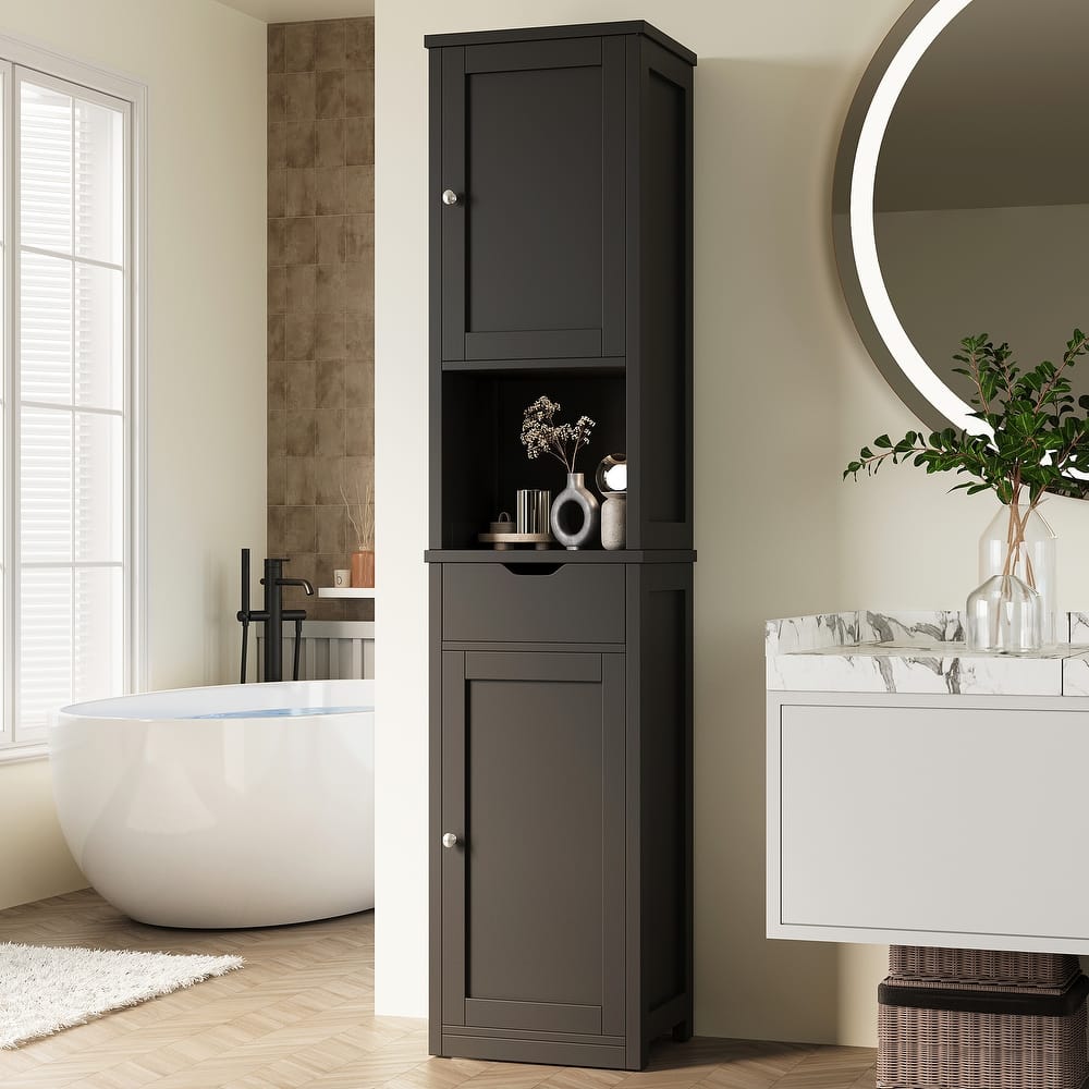 Bathroom Storage Cabinet with Adjustable Shelves & Open Shelf - N/A