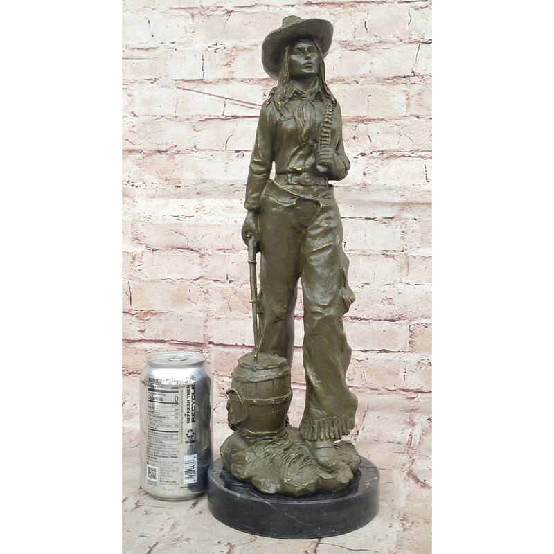 American Western Bronze Cowgirl Sculpture With Rifle And Cowboy Hat