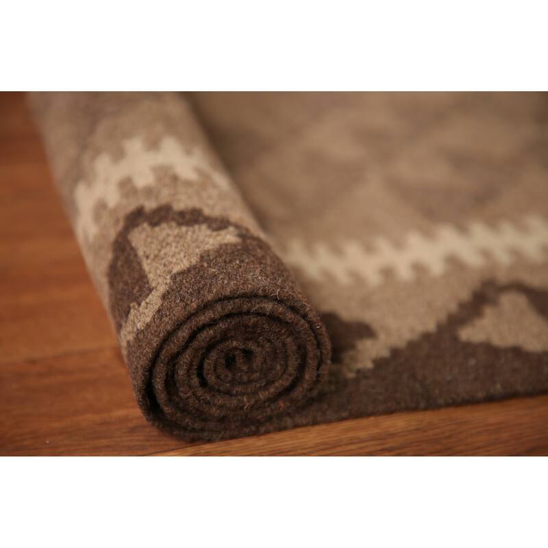 Reversible Brown Kilim Oriental Area Rug Hand-woven Wool Carpet - 3'3" x 4'11"