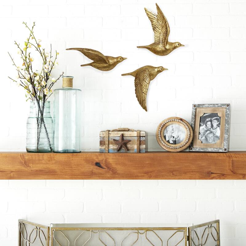 Polystone Bird Distressed 3D Floating Home Wall Decor - Set of 3 Dark Brown, Silver, Gold - Roche River Decor