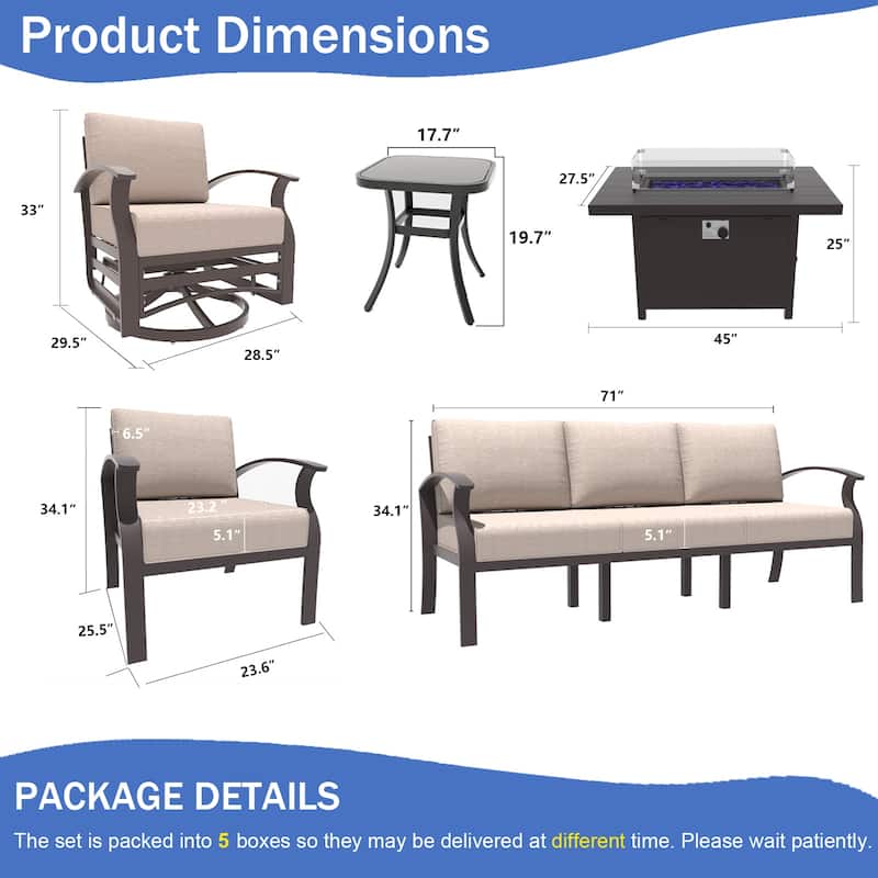 Kullavik Aluminum Outdoor Patio Furniture with Curved Armrests & Firepit Table