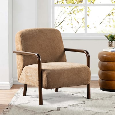 Glitzhome 31.25"H Fabric Thick Armchair with Walnut Rubberwood Frame