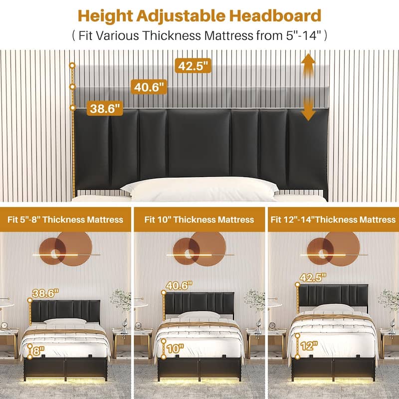 Platform Bed Frame with Ajustable Upholstered Headboard, Bed with USB Port and Charge Station