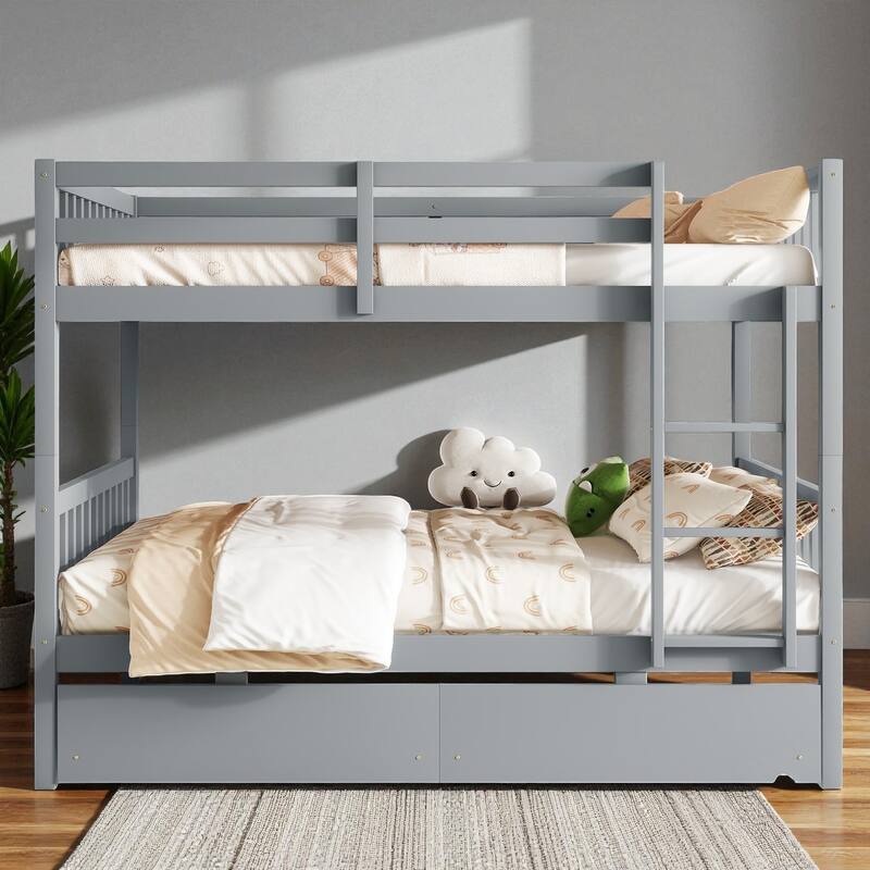 Full Over Full Rubber Wood Bunk Bed with 2 Storage Drawers, Convertible into 2 Full Beds, Ladder and Safety Guardrails