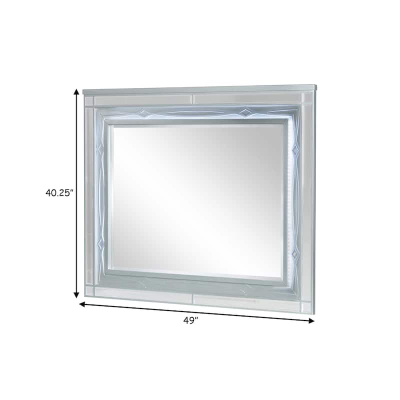 Gina 49 Inch Modern Mirror, Wood Frame, Built In Blue LED, Metallic Silver