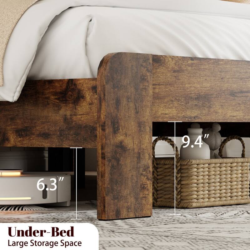 alazyhome Farmhouse Wood Platform Bed Frame with Storage Headboard & Charging Station
