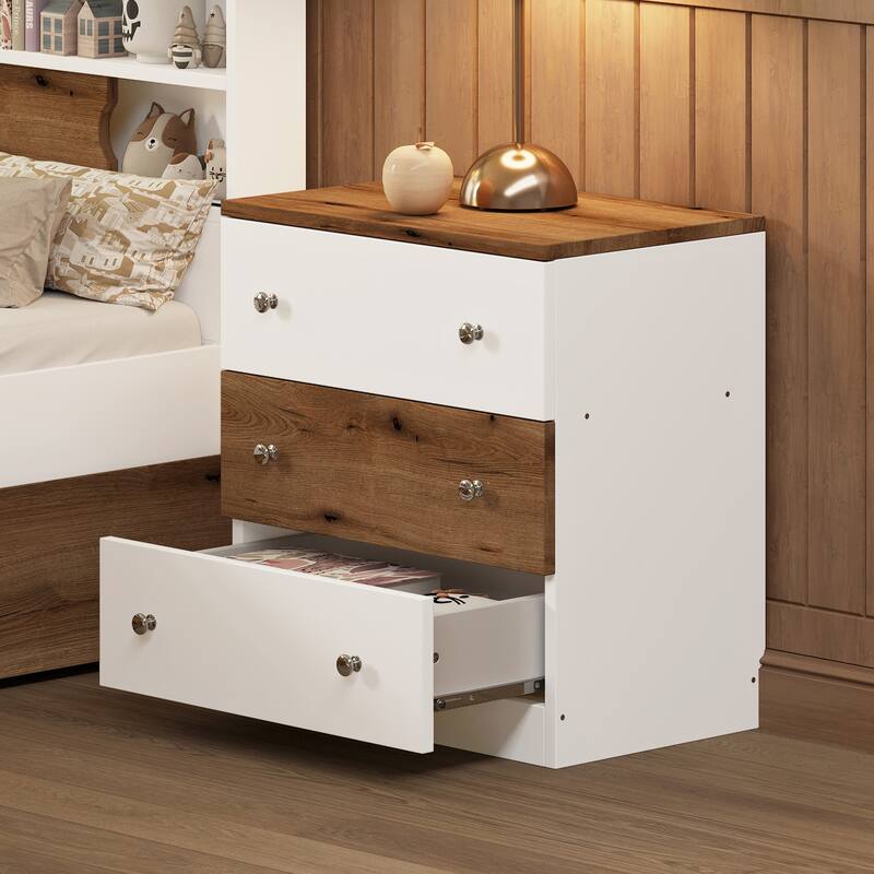 Rustic Wooden Nightstand, Bedroom Storage Cabinet with 3 Drawers, Wood Side Table with Colorblock Design and Metal Handle - Brown+White