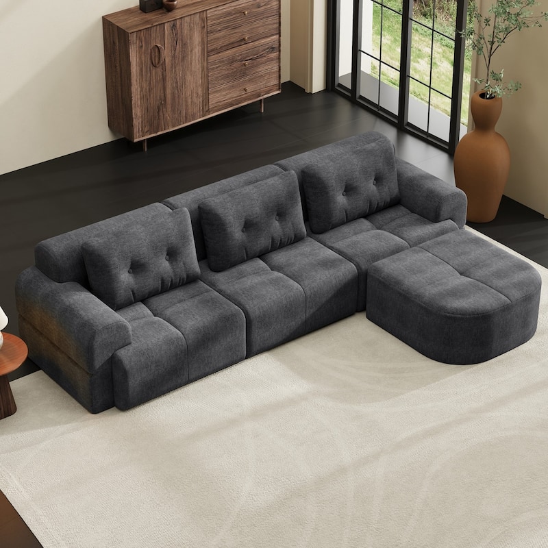 110.23" L-Shaped Chenille Sectional Sofa with Movable Ottoman - Dark Grey