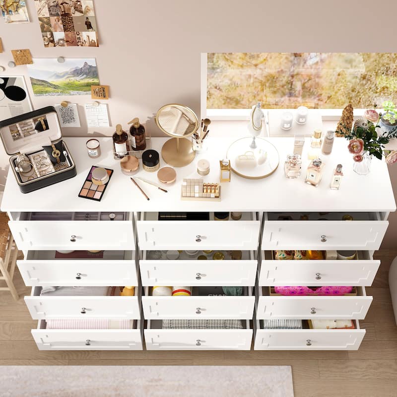 Modern 12-Drawer White Wooden Dresser for Bedroom and Living Room Storage