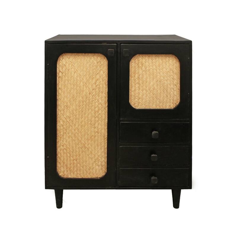 HomeRoots 32" Black Distressed Solid Wood Three Drawer Sideboard with Two Doors - 31.50 in. x 37.00 in. x 12.00 in.