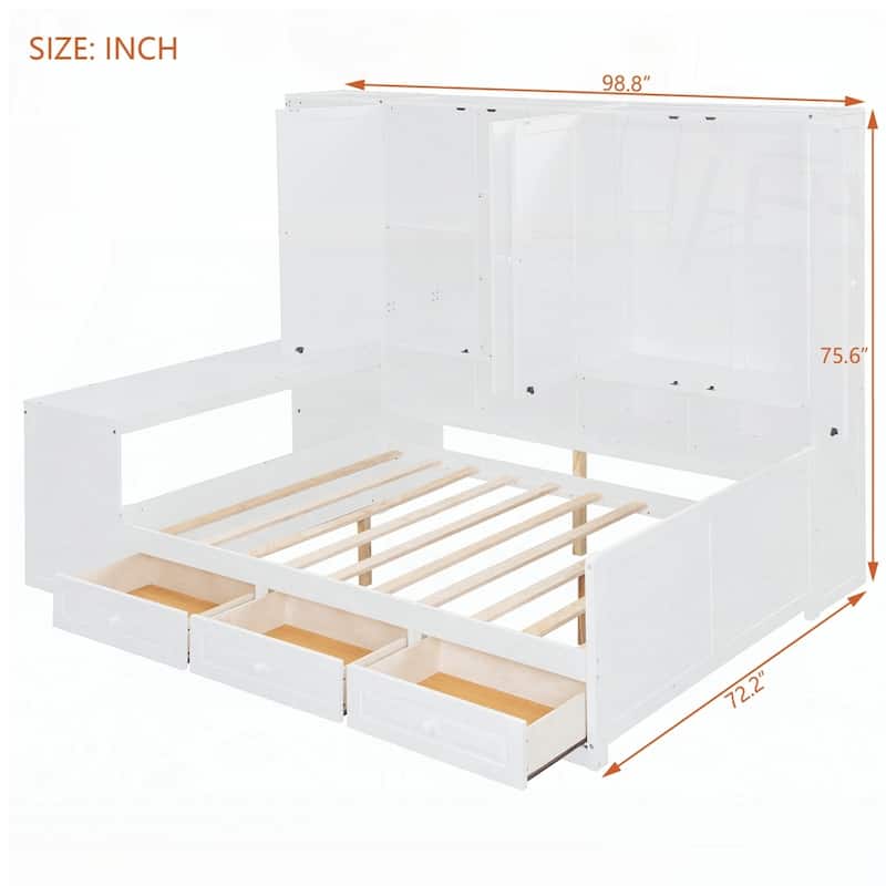 Wooden Daybed With Three Drawers and All-in-One Cabinet