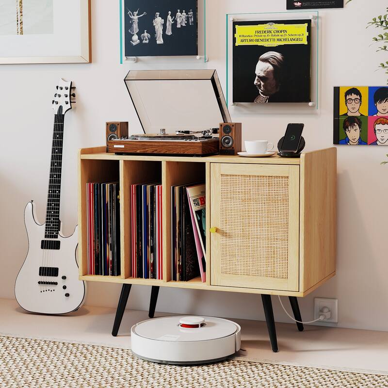 Gymax Record Player Stand w/ Charging Station & Rattan Cabinet