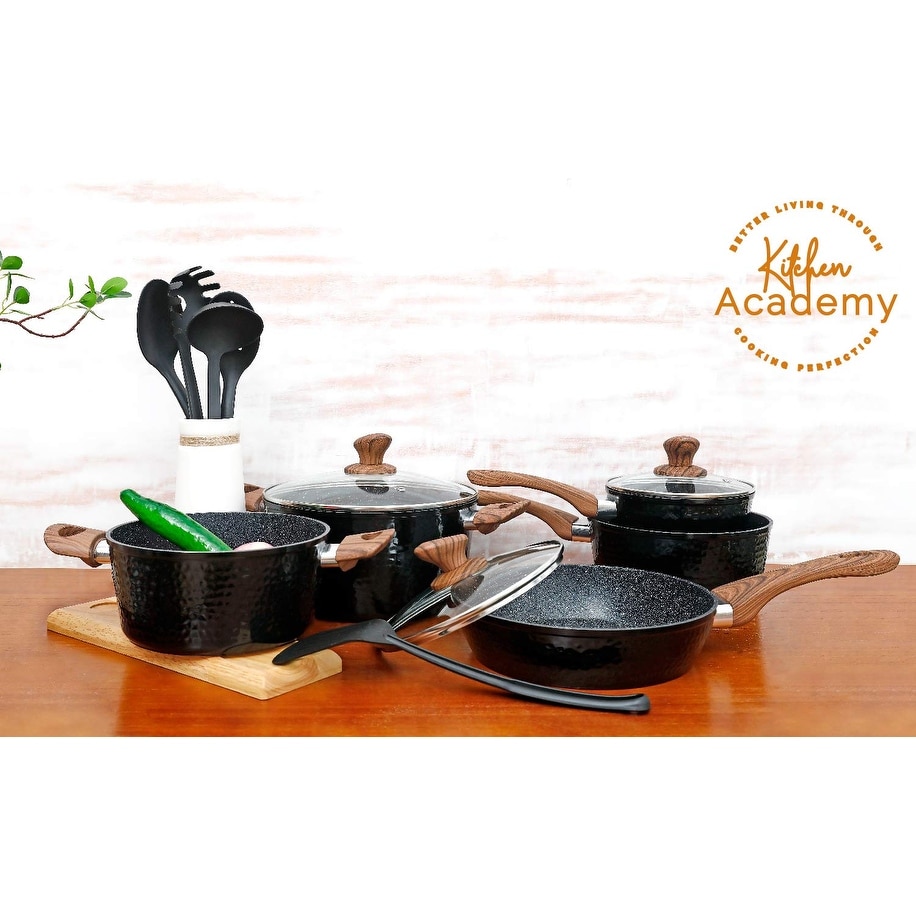 Kitchen Academy Induction Cookware Sets - 12 Piece Cooking Pan Set, Granite Nonstick  Pots and Pans Set