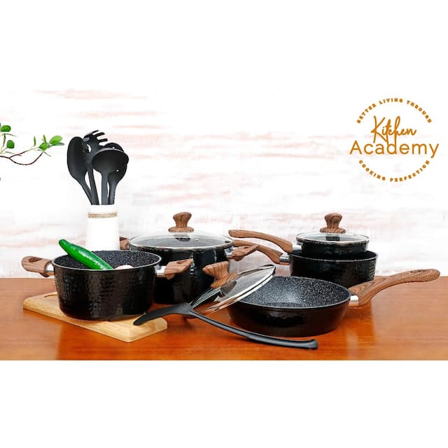 Kitchen Academy 15 Piece Nonstick Granite-Coated Cookware Set Suitable for All Stove Including Induction - Black