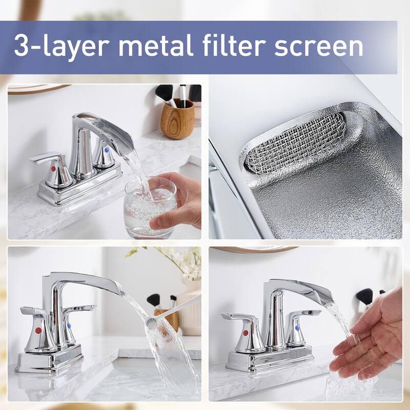 4 in. Centerset Double Handle Waterfall Bathroom Faucet with Pop-up Drain Kit Sink Vanity Basin Taps