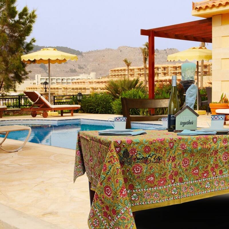 Sweet Us Amara Floral Cotton Block Print Tablecloth Rectangle