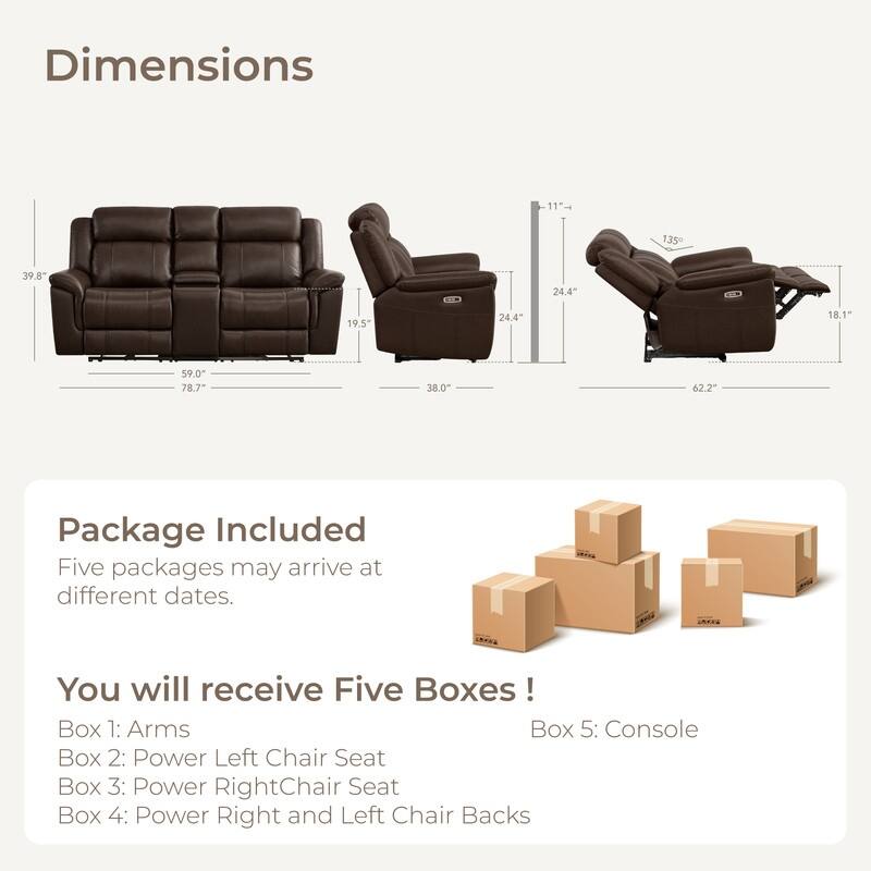 Spruce & Spring Genuine Leather Power Reclining Sofa with Optional Console & Flip-Down Table