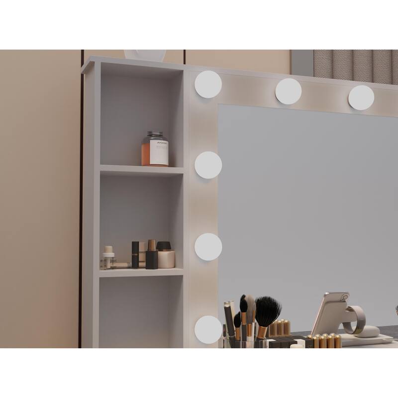 Vanity Desk with with Lighted Mirror, Large Makeup Vanity Desk, Dresser Table with Charging Station, Drawers & Hair Dryer Stand