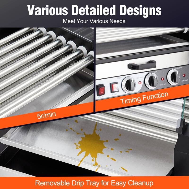 Electric 18 Hot Dog 7 Roller Grill Machine with Warming Drawer - 7 Rollers