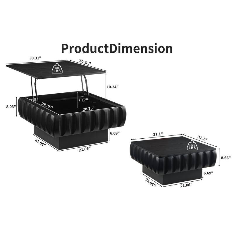 Square Lift-Top Coffee Table with Solid Wood Frame and Hidden Storage