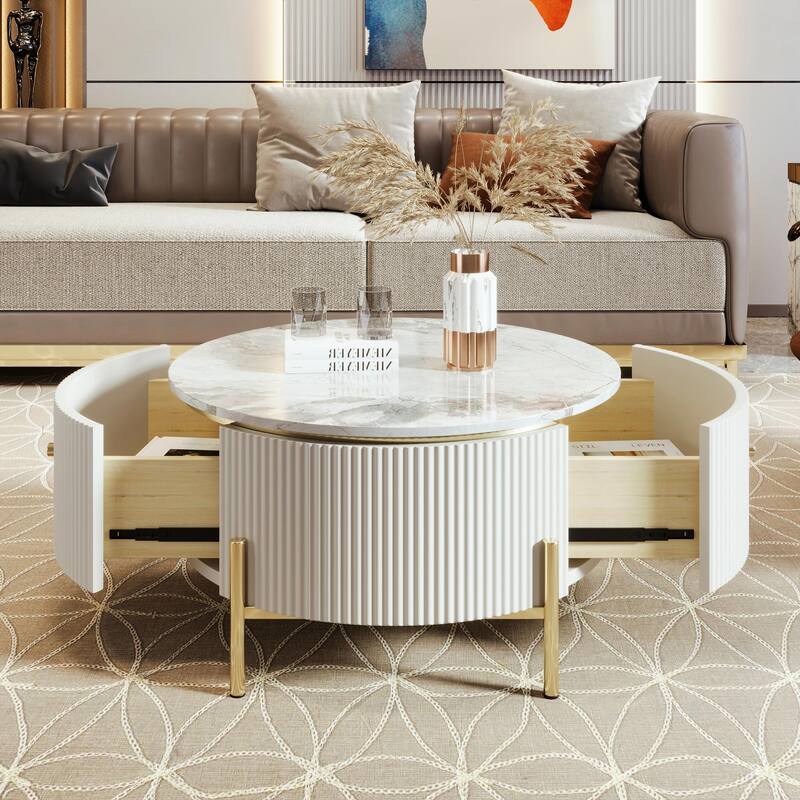 31.5'' Modern Round Coffee Table with Large Drawer Storage - Off White