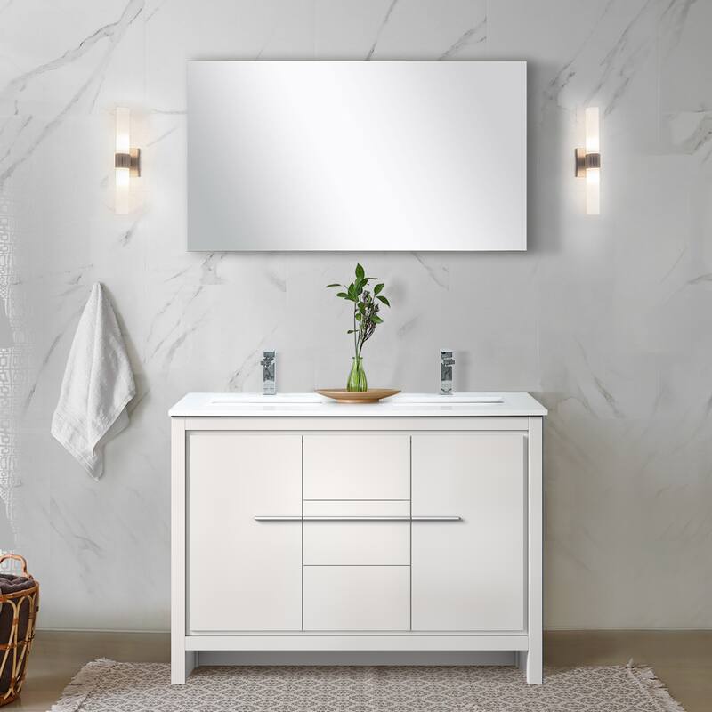 Lafarre Bath Vanity, White Quartz Top, Chrome Faucet Set and Mirror