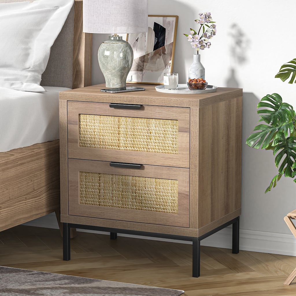 Anmytek Farmhouse 2-Drawer Nightstand Wood Rattan Bedside Table for Bedroom