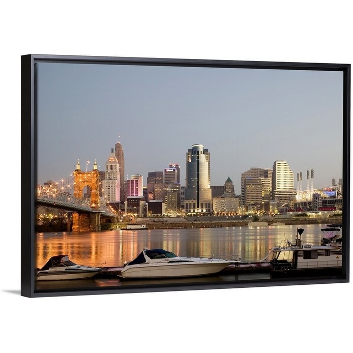 Shop Roebling Suspension Bridge Over The Ohio River And Cincinnati Skyline Ohio Black Float Frame Canvas Art Overstock 25500451