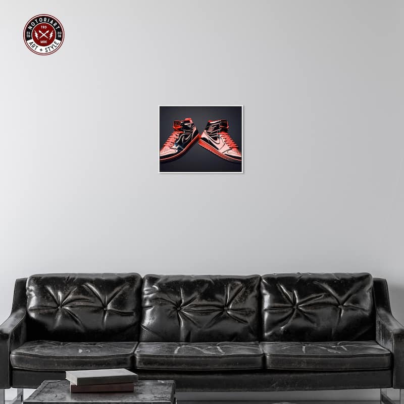Notoriart Red Sneakers On Display Framed Sneaker 1 Piece Canvas Wall Art