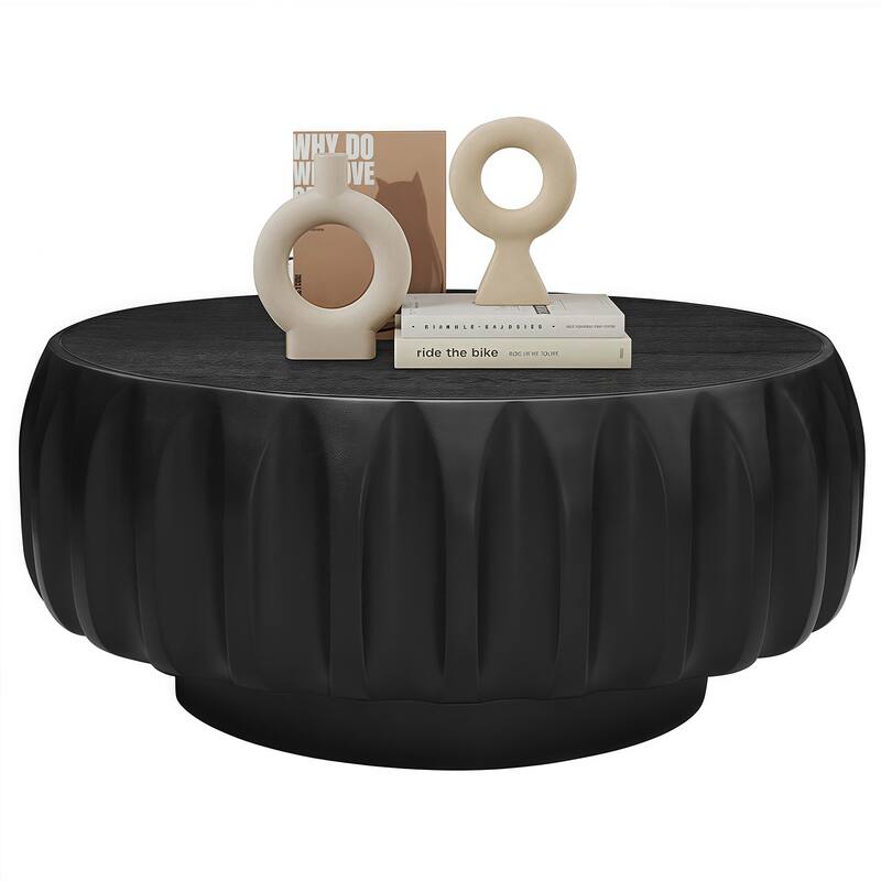 31.5" Round Coffee Table with Sculptural Design, Solid Wood Carved Drum Center Table Luxury End Side Table with Sturdy Base