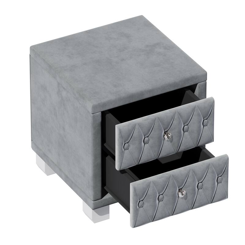 Luxury Velvet Nightstand - 2-Drawer Storage Bedside Table with Crystal Handles & Button-Tufted Design‌