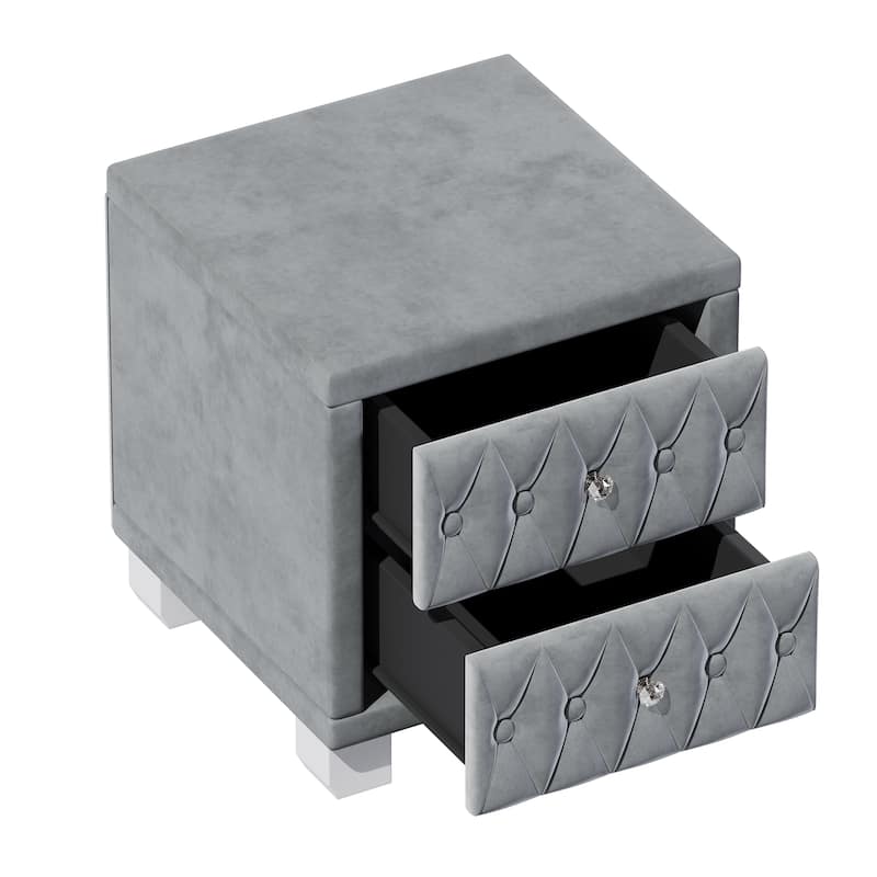 Velvet 2 Drawers Nightstand with Crystal Handle and Button-Tufted