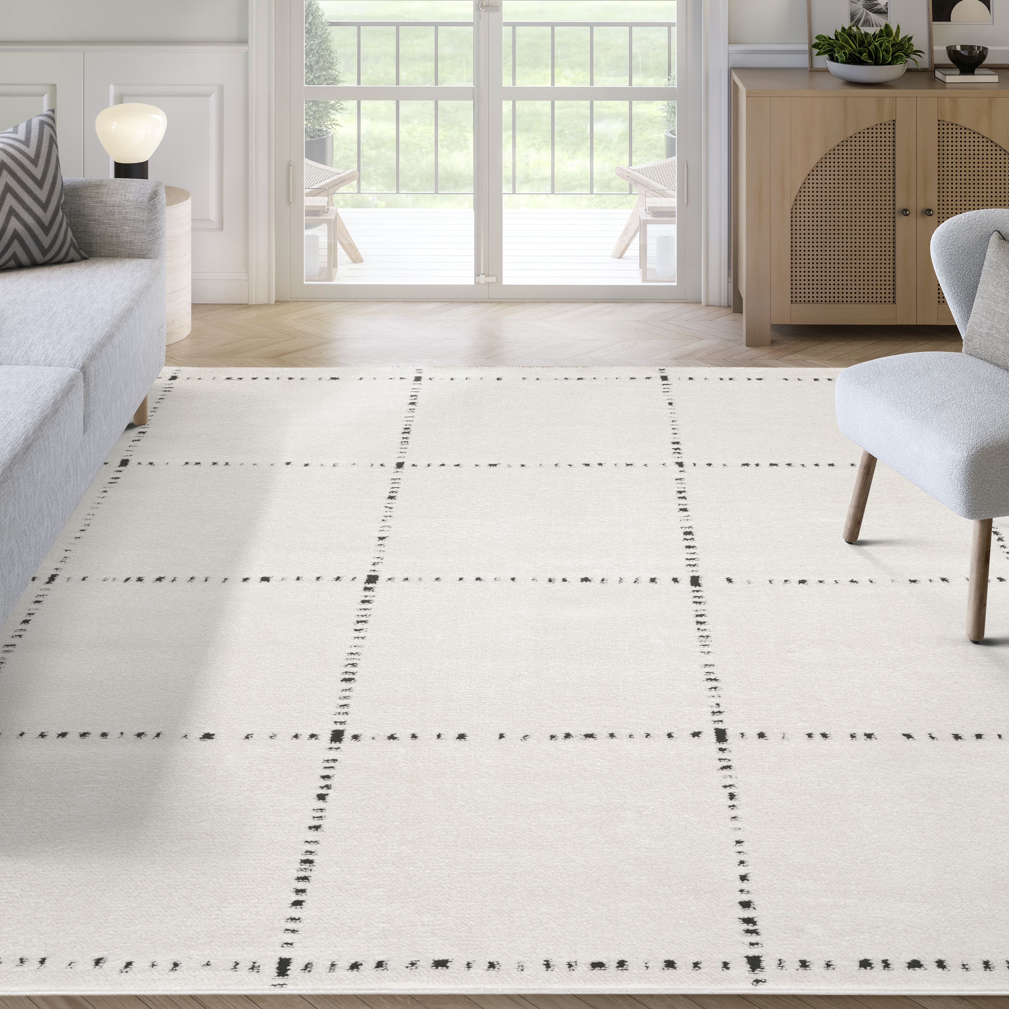 Abani Oliver OLV110A Modern Ivory Black Grid Pattern Minimalist Area Rug
