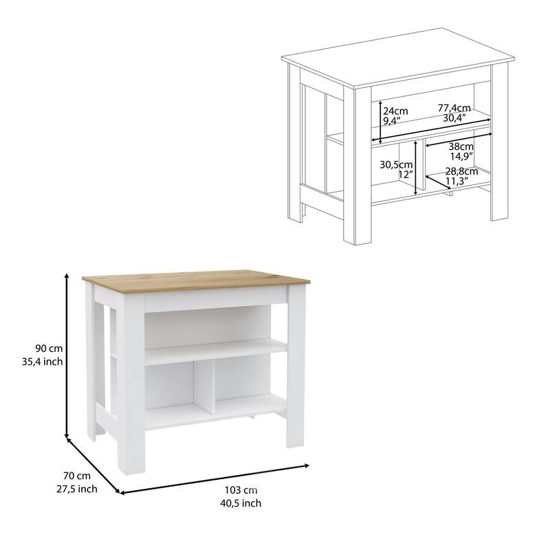 Kitchen Island, kitchen table 35" H, Four Legs, Three Open Storage Shelves