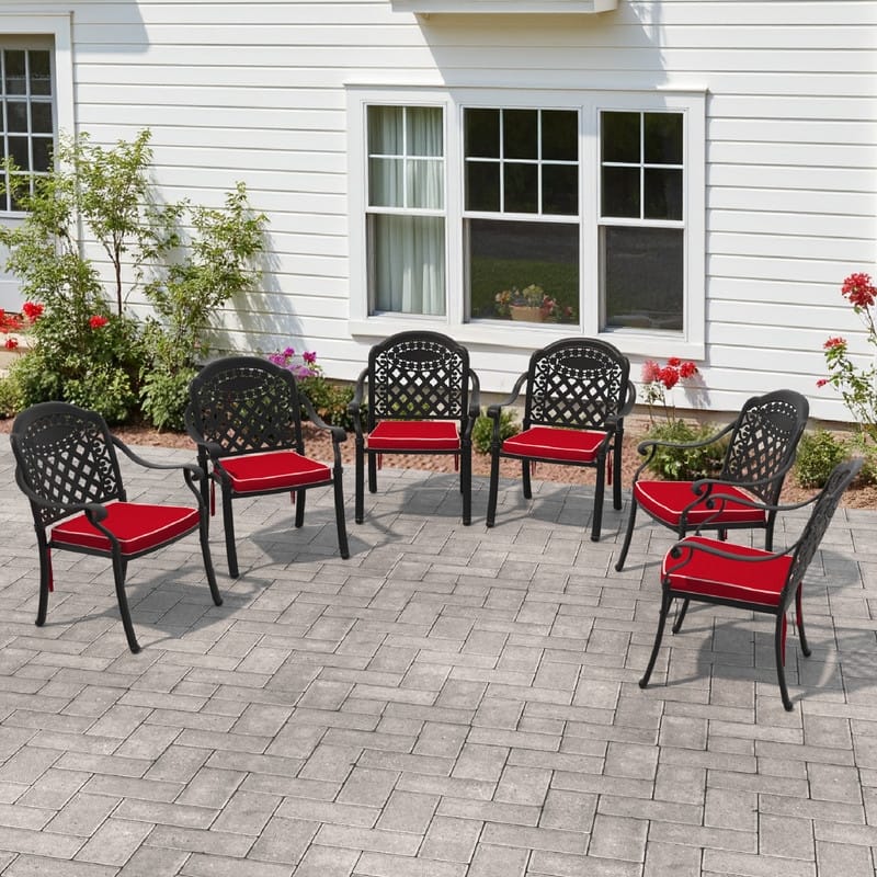 Black Stackable Cast Aluminum Patio Outdoor Dining Chairs With Seat Cushions - Black(Set of 6)