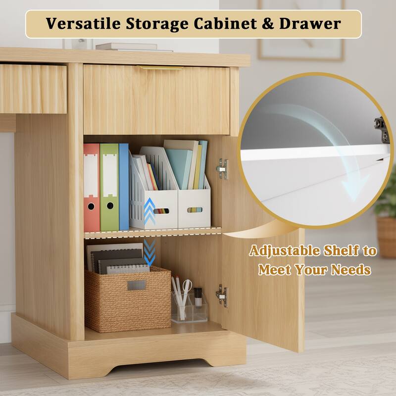 Roomfitters 55" Modern Fluted Office Desk with Charging Station, Storage Cabinet & Pegboard