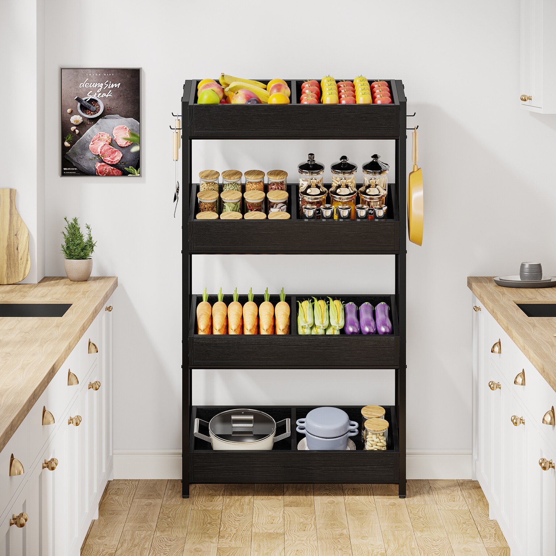 4 Tier Fruit and Vegetable Storage Rack Stand Wood Storage Shelf for Kitchen Dining Room N A