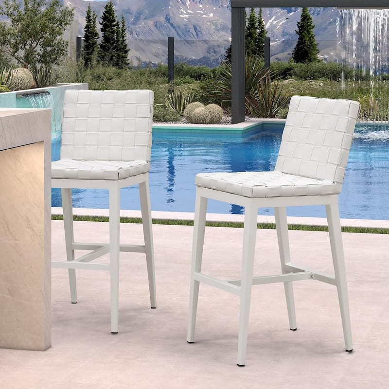 PURPLE LEAF Outdoor Counter Height Bar Stools Set of 2, PU Leather Patio Bar Set with Aluminum Frame - N/A - BarHeight-White