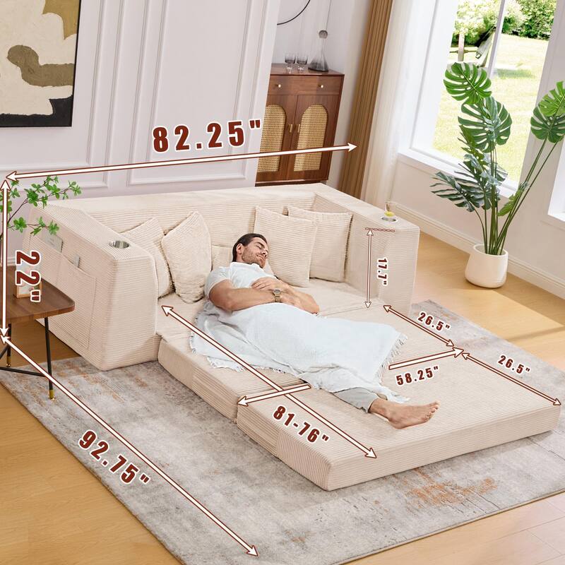 2 in 1 Convertible Sofa Bed, Sleeper Sofa with Storage Pockets, Pull Out Loveseat Couch with Two Cup Holders