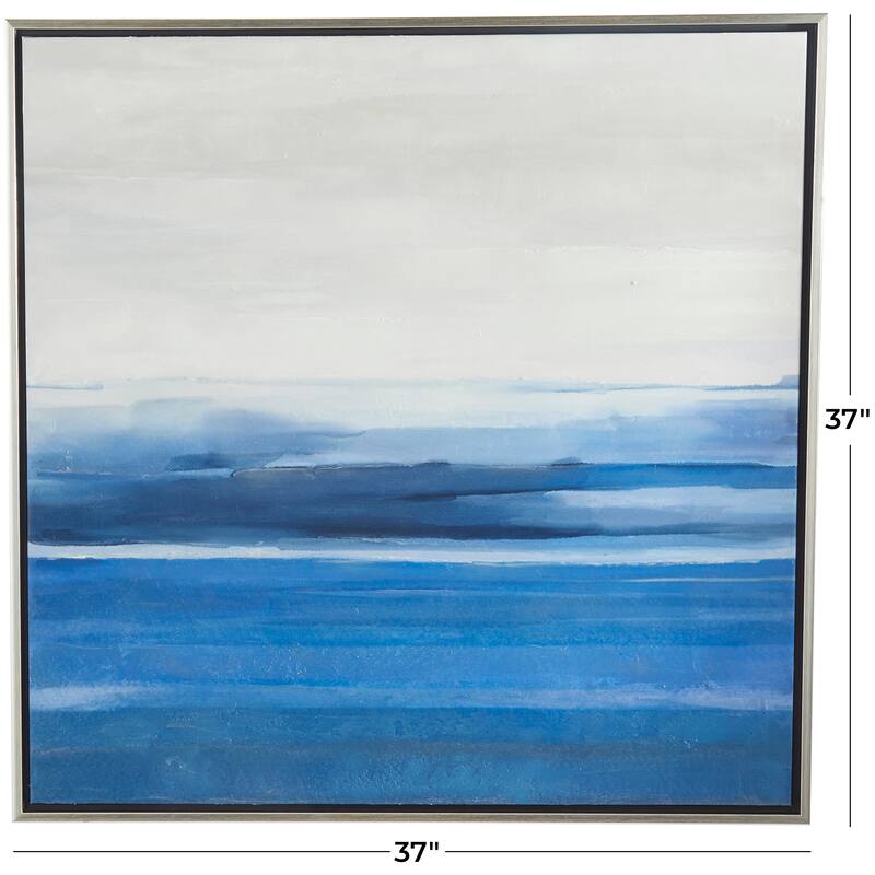 Blue Canvas Abstract Ocean Inspired Landscape Framed Wall Art with Silver Frame