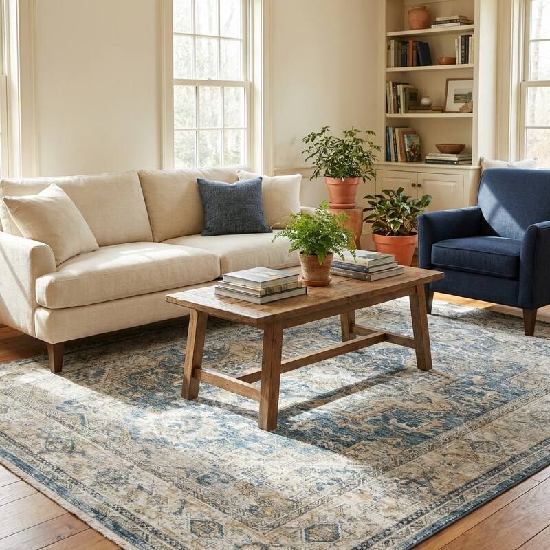 Antique Loom Blue/Beige Polyester powerloom Area Rug