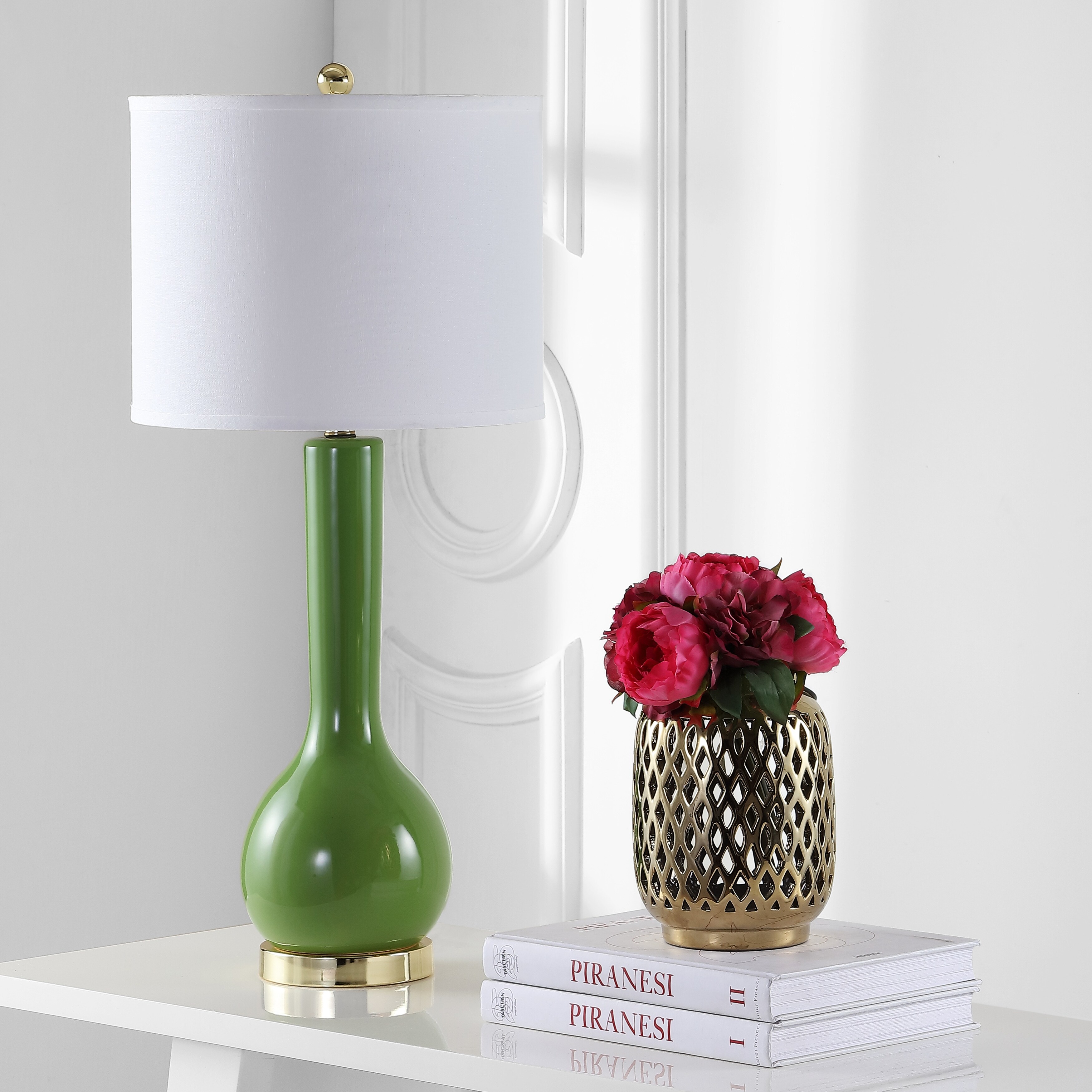 SAFAVIEH Lighting 31 inch Mae Long Neck Ceramic Green Table Lamp Set of 2 14 x14 x30.5 On Sale Bed Bath Beyond 7570739