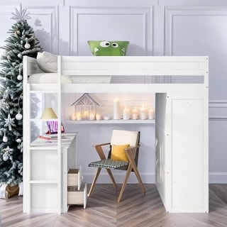 Elegant Wood Full Size Loft Bed with Wardrobes and 2-Drawer Desk with Cabinet, Sturdy Construction & Safety Guaranteed, White