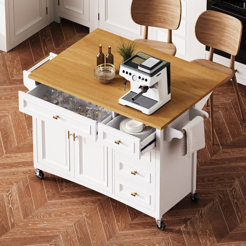 Kitchen Island on Locking Wheels with Drop Leaf, Rolling Island Cart with Adjustable Shelf, Spice Rack, 2 Doors & 5 Drawers聽 - White