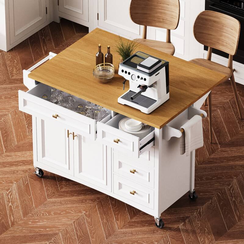 Modern Kitchen Island with Folding Boards, Adjustable Shelves 5 Drawers 2 Doors, Spice Rack and Towel Rack, for Kitchen - White