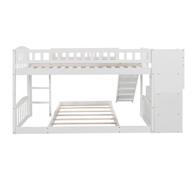 Twin over Twin Bunk Bed with Storage Stairs and Slides, Low Profile Platform Bed, Daybed and Floor Bed Set, No Box Spring Need