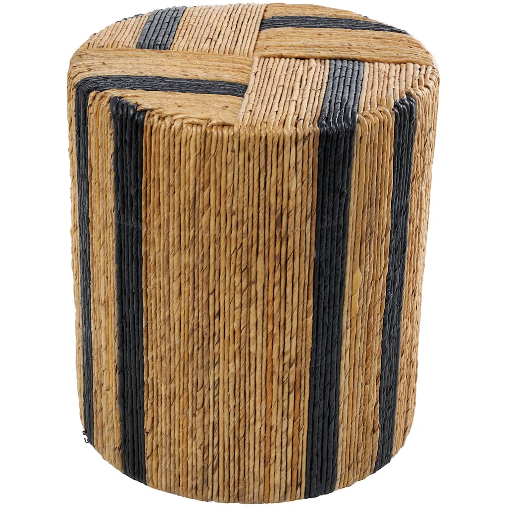 Banana Leaf Drum Handmade Linear Wrapped Accent Table with Cream and Black Stripes - Brown - Roche River Decor - 16"W, 18"H